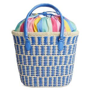 On 34th Isabellaa Women's Straw Medium Drawstring Tote Blue Stripe (MSRP $130)